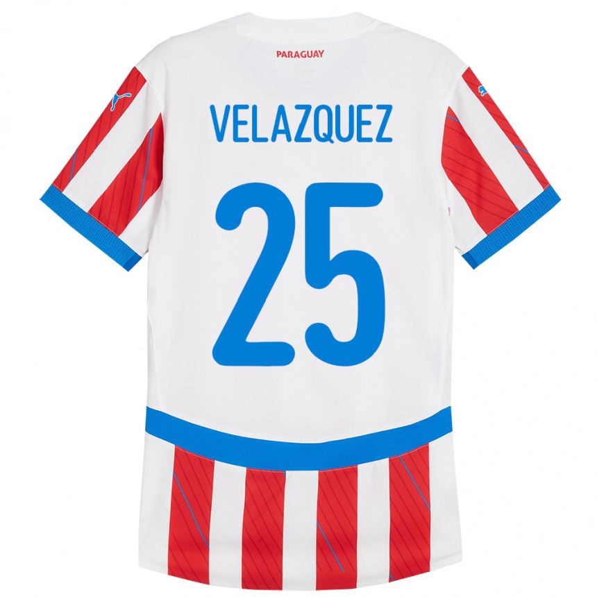 Kids Football Paraguay Gustavo Velázquez #25 White Red Home Jersey 24-26 T-Shirt Nz