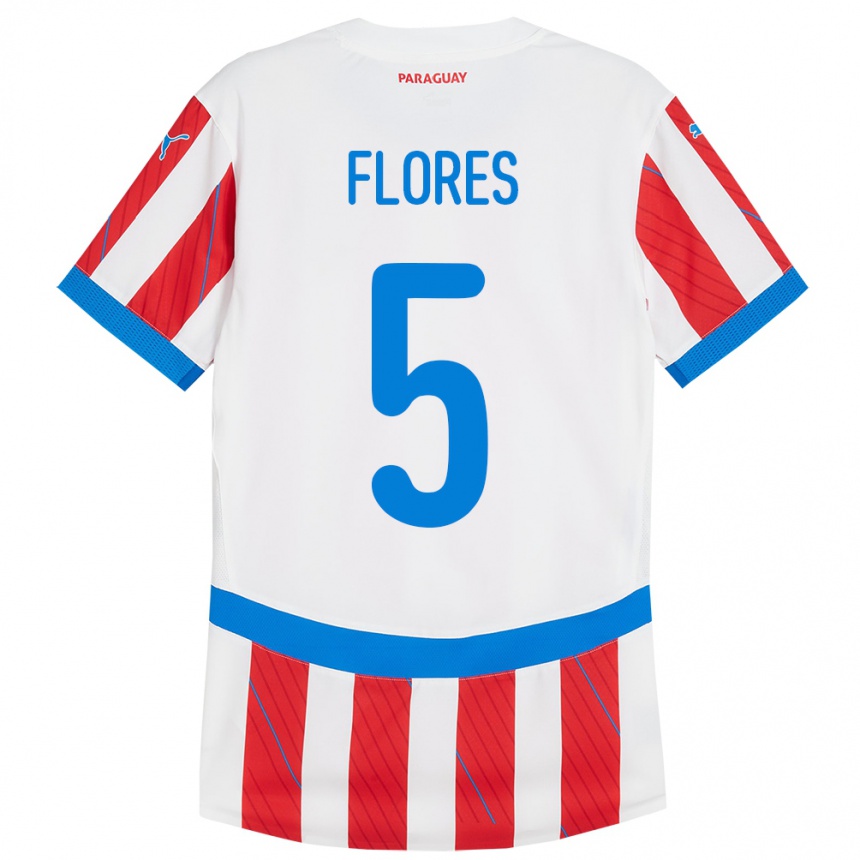 Kids Football Paraguay Gilberto Flores #5 White Red Home Jersey 24-26 T-Shirt Nz