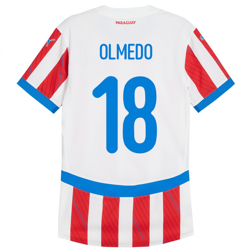 Kids Football Paraguay Cesar Olmedo #18 White Red Home Jersey 24-26 T-Shirt Nz