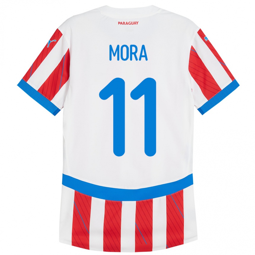 Kids Football Paraguay Jorge Mora #11 White Red Home Jersey 24-26 T-Shirt Nz