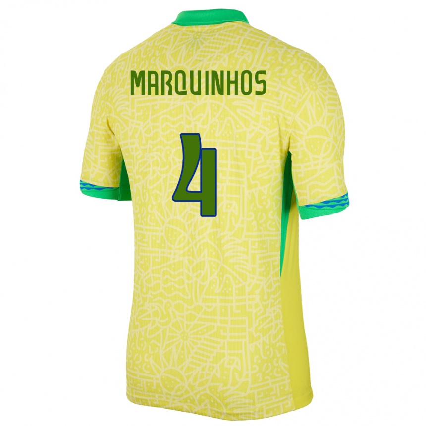 Men Football Brazil Marquinhos #4 Yellow Home Jersey 24-26 T-Shirt Nz