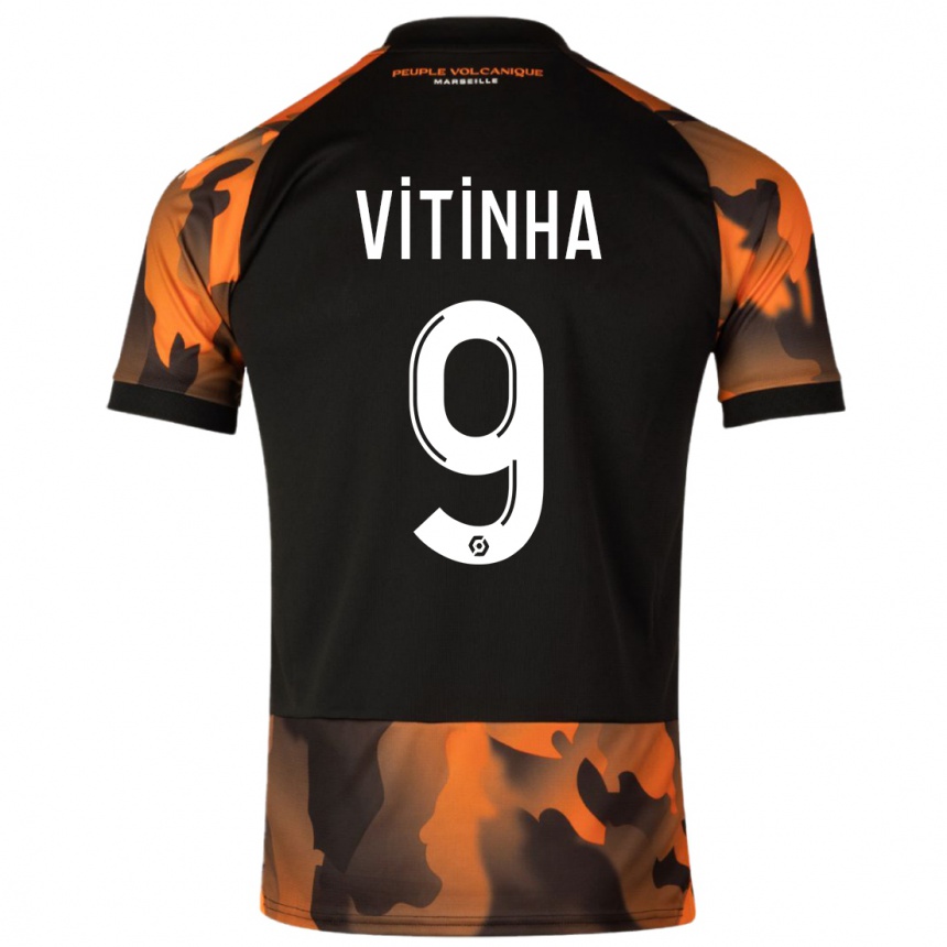 Kids  Vitinha #9 Black Orange Third Jersey 2023/24 T-Shirt Nz