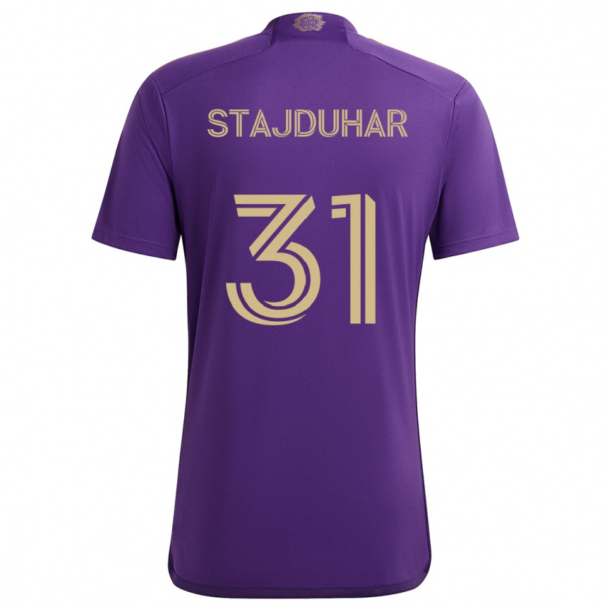 Kids Football Mason Stajduhar #31 Purple Yellow Home Jersey 2024/25 T-Shirt Nz