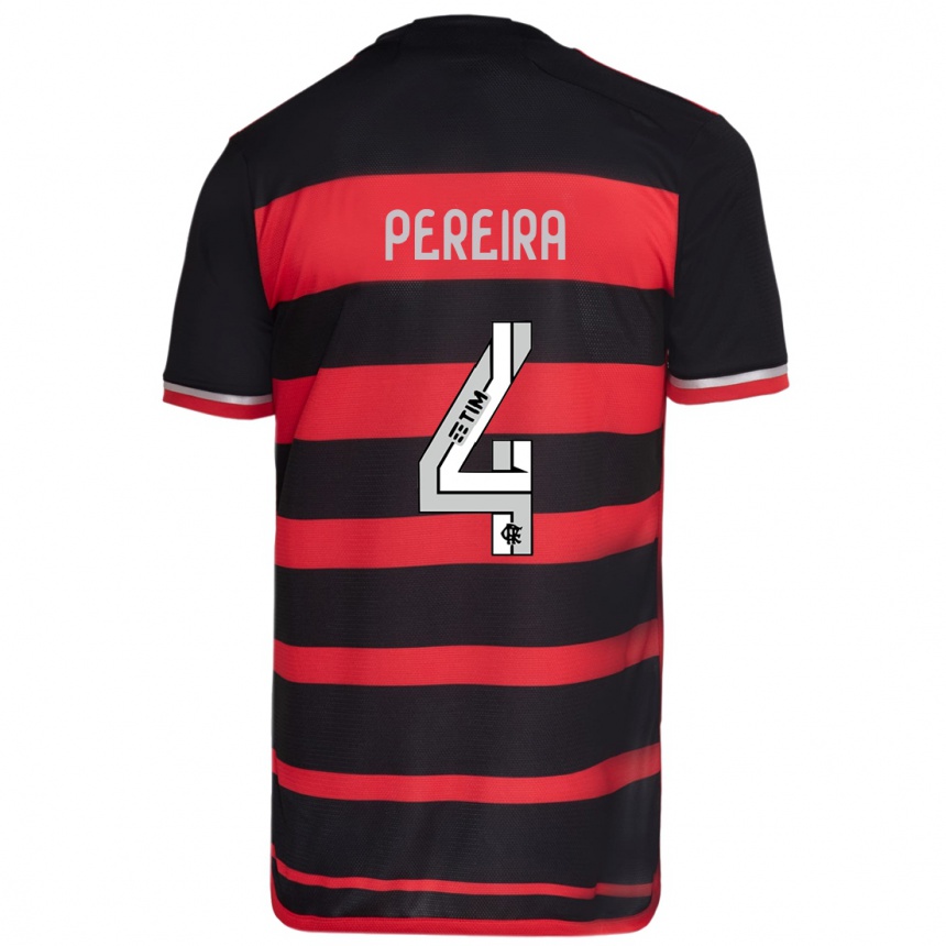 Kids Football Léo Pereira #4 Red Black Home Jersey 2024/25 T-Shirt Nz