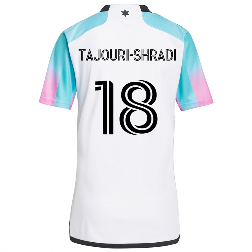 Kids Football Ismael Tajouri-Shradi #18 White Blue Black Away Jersey 2024/25 T-Shirt Nz