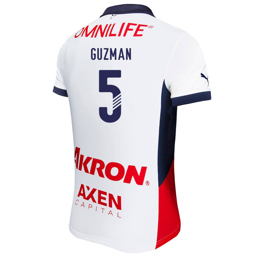 Kids Football Víctor Guzmán #5 White Red Blue Away Jersey 2024/25 T-Shirt Nz