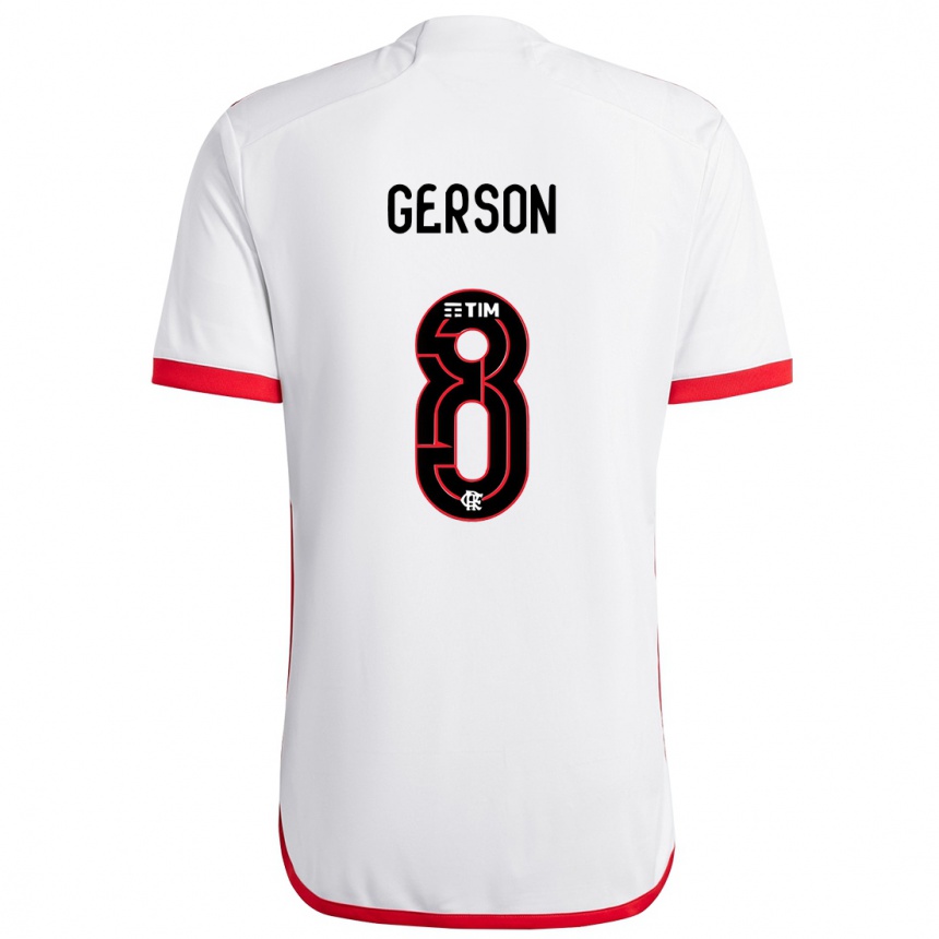 Kids Football Gerson #8 White Red Away Jersey 2024/25 T-Shirt Nz