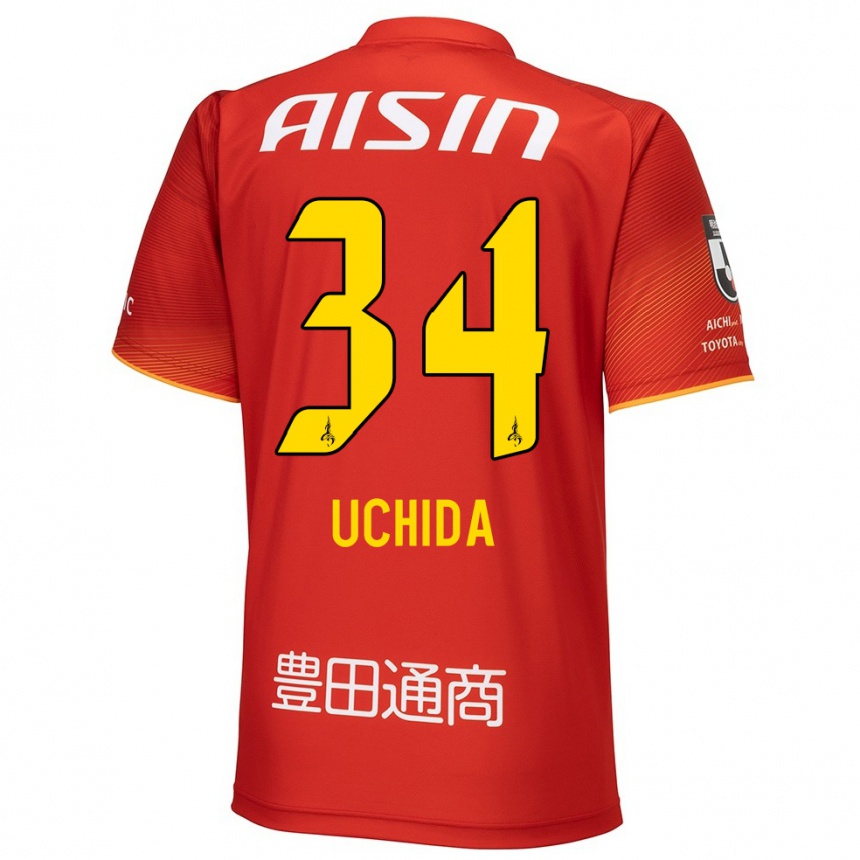 Kids Football Takuya Uchida #34 Red White Yellow Home Jersey 2024/25 T-Shirt Nz