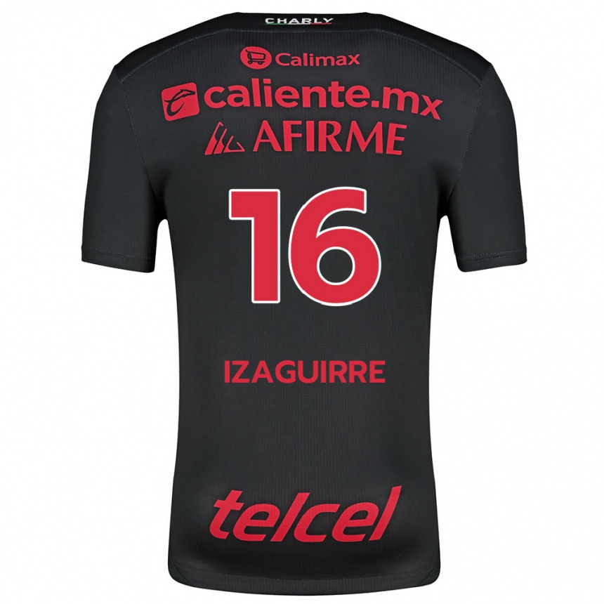 Kids Football Estefanía Izaguirre #16 Black Red Home Jersey 2024/25 T-Shirt Nz