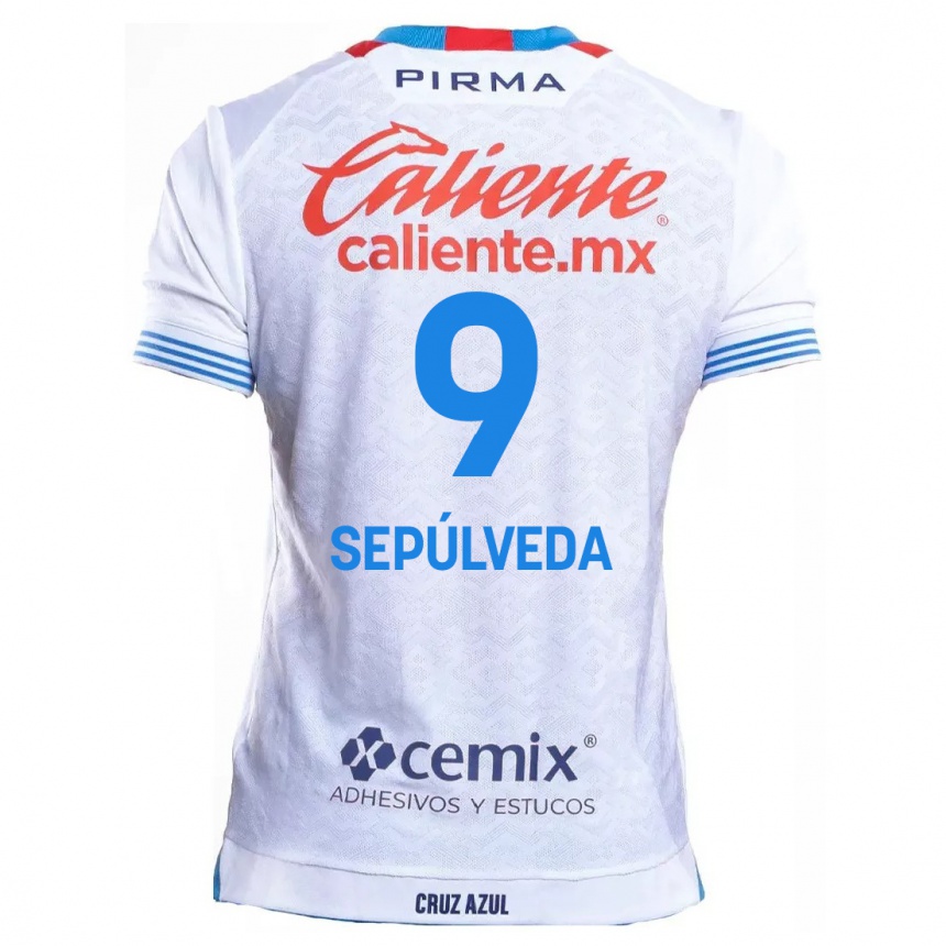 Kids Football Ángel Sepúlveda #9 White Blue Away Jersey 2024/25 T-Shirt Nz