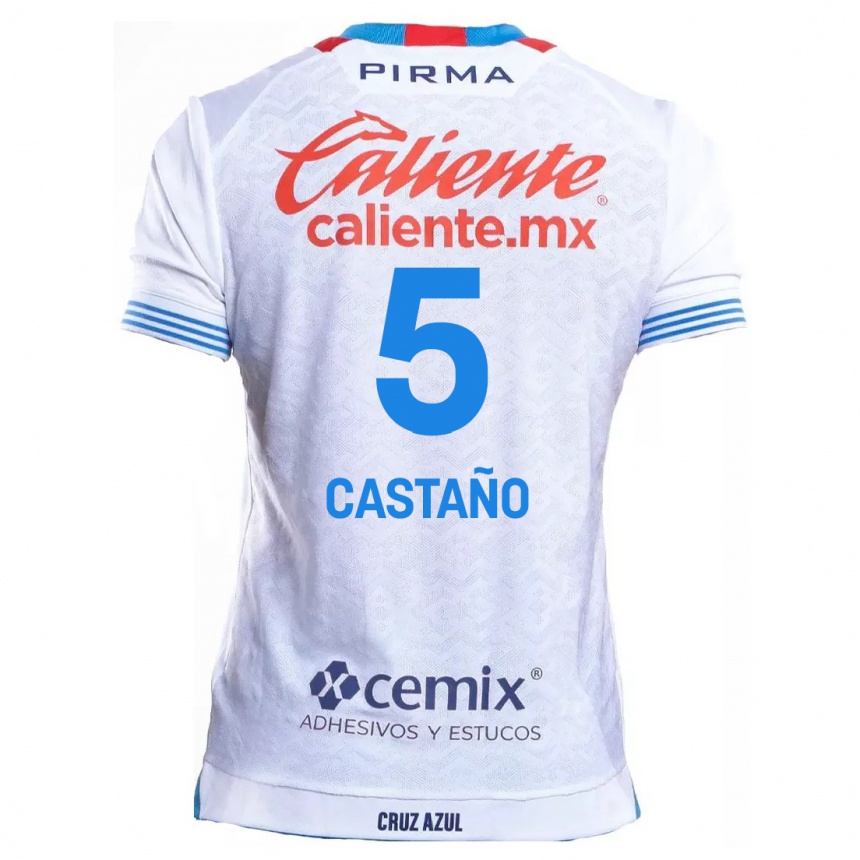 Kids Football Kevin Castaño #5 White Blue Away Jersey 2024/25 T-Shirt Nz