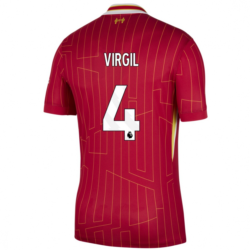 Kids Football Virgil Van Dijk #4 Red Yellow White Home Jersey 2024/25 T-Shirt Nz