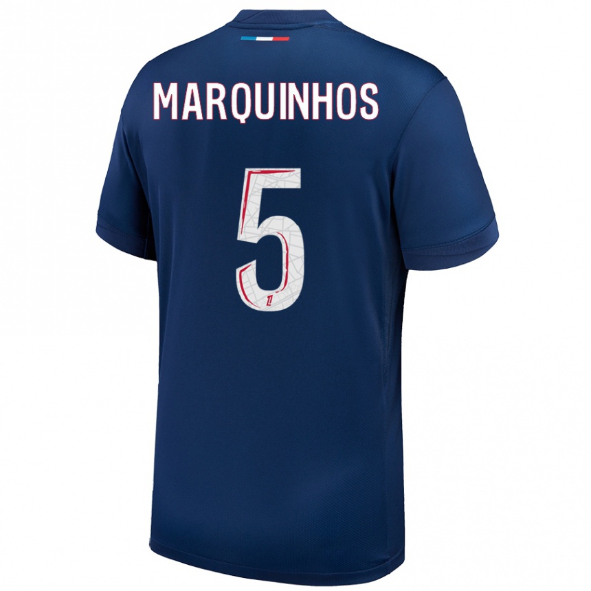 Kids Football Marquinhos #5 Navy Blue White Home Jersey 2024/25 T-Shirt Nz