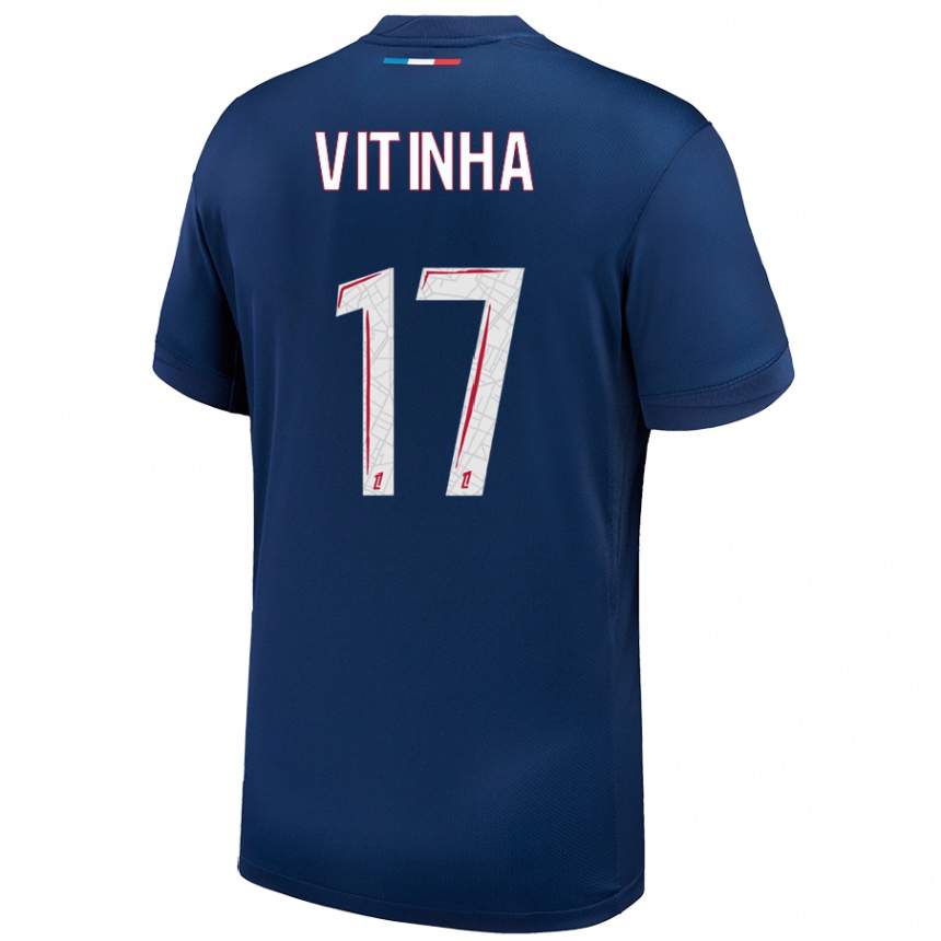 Kids Football Vitinha #17 Navy Blue White Home Jersey 2024/25 T-Shirt Nz