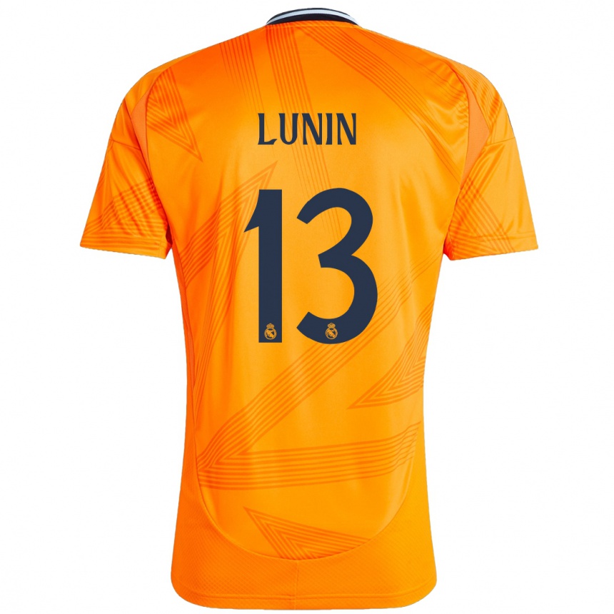 Kids Football Andriy Lunin #13 Orange Away Jersey 2024/25 T-Shirt Nz