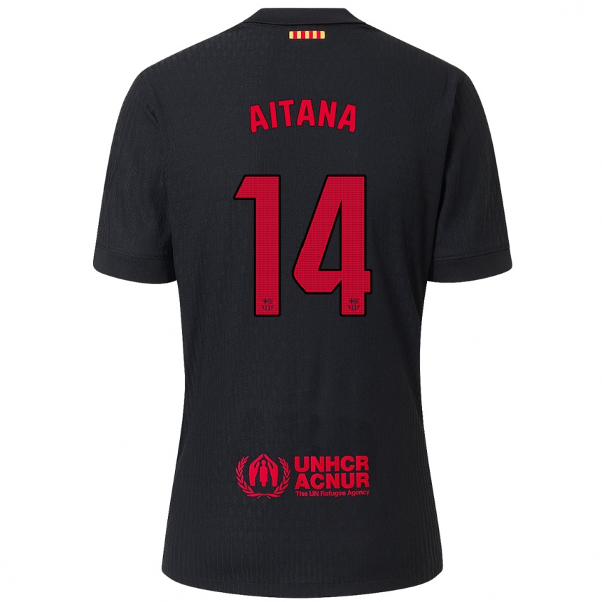 Kids Football Aitana Bonmati #14 Black Red Away Jersey 2024/25 T-Shirt Nz