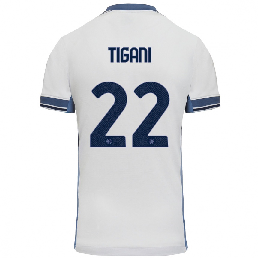 Kids Football Edoardo Tigani #22 White Grey Away Jersey 2024/25 T-Shirt Nz