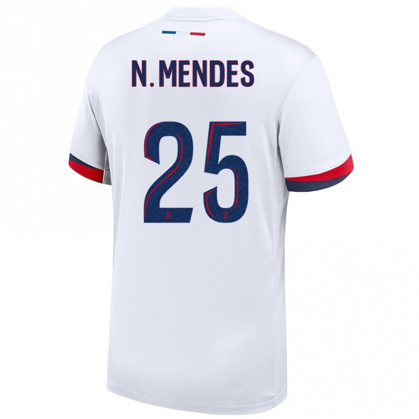 Kids Football Nuno Mendes #25 White Blue Red Away Jersey 2024/25 T-Shirt Nz