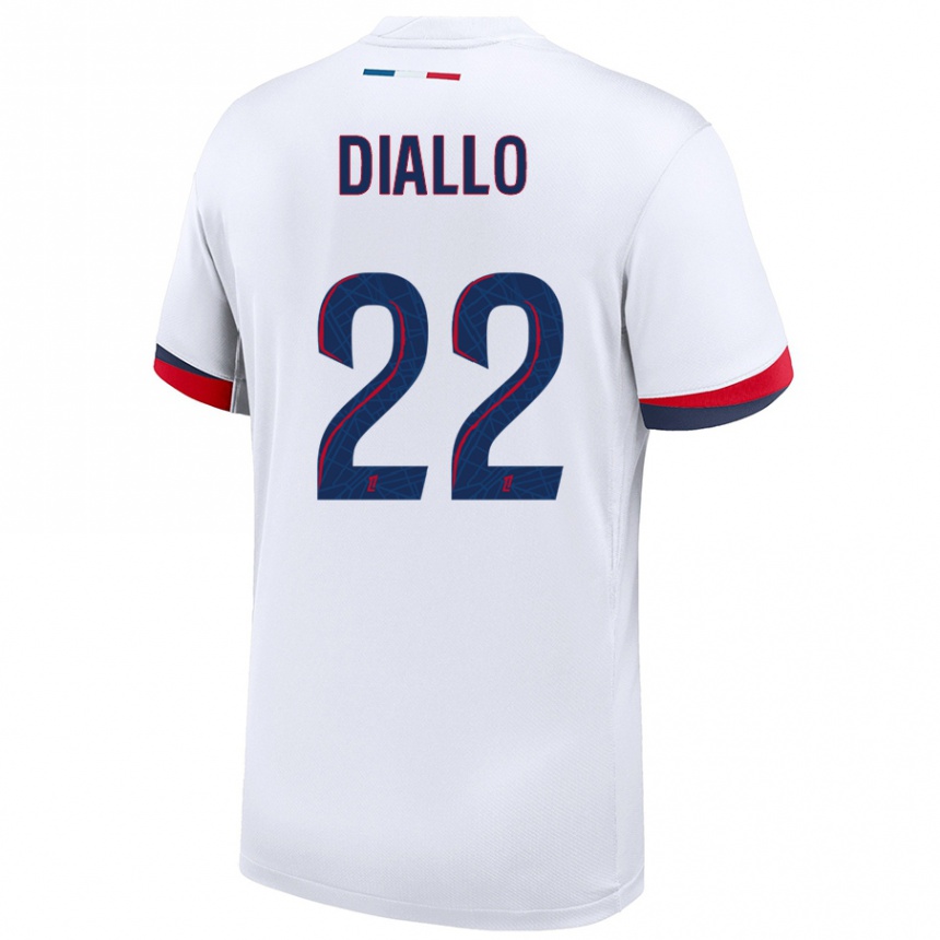 Kids Football Abdou Diallo #22 White Blue Red Away Jersey 2024/25 T-Shirt Nz