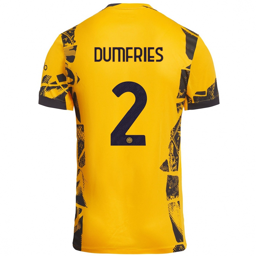 Kids Football Denzel Dumfries #2 Gold Black Third Jersey 2024/25 T-Shirt Nz