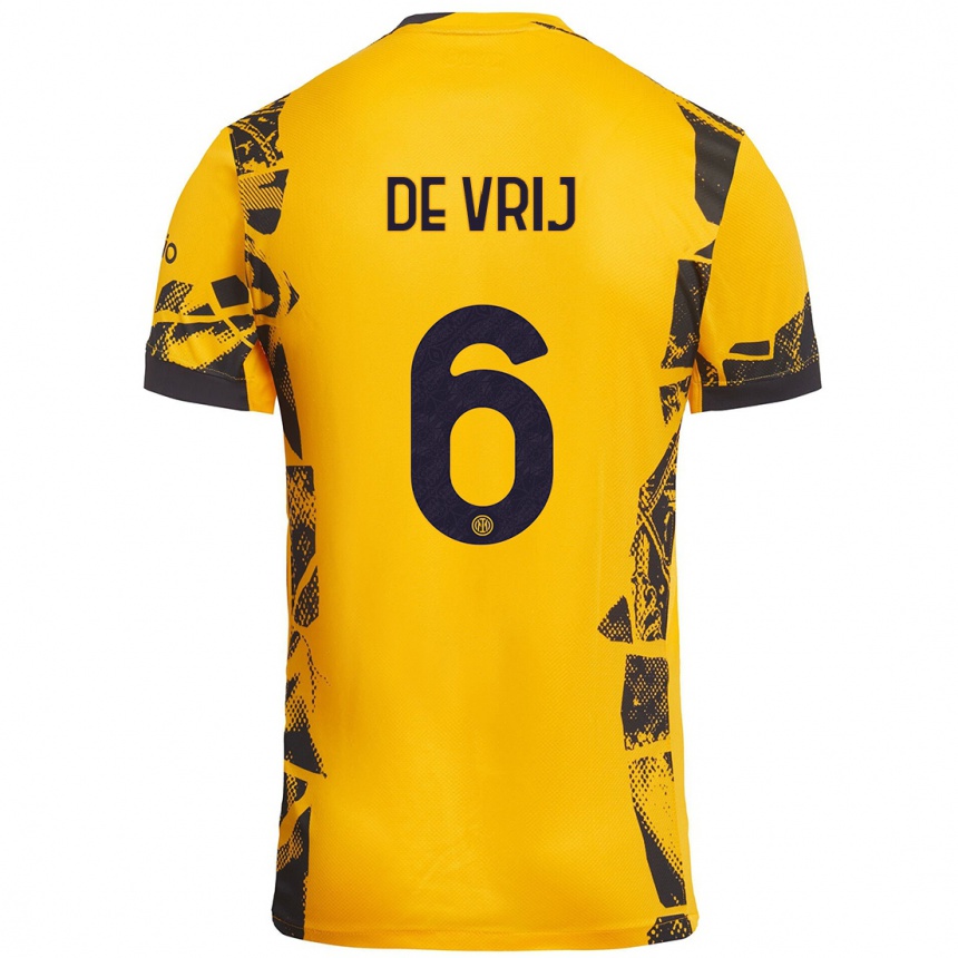 Kids Football Stefan De Vrij #6 Gold Black Third Jersey 2024/25 T-Shirt Nz