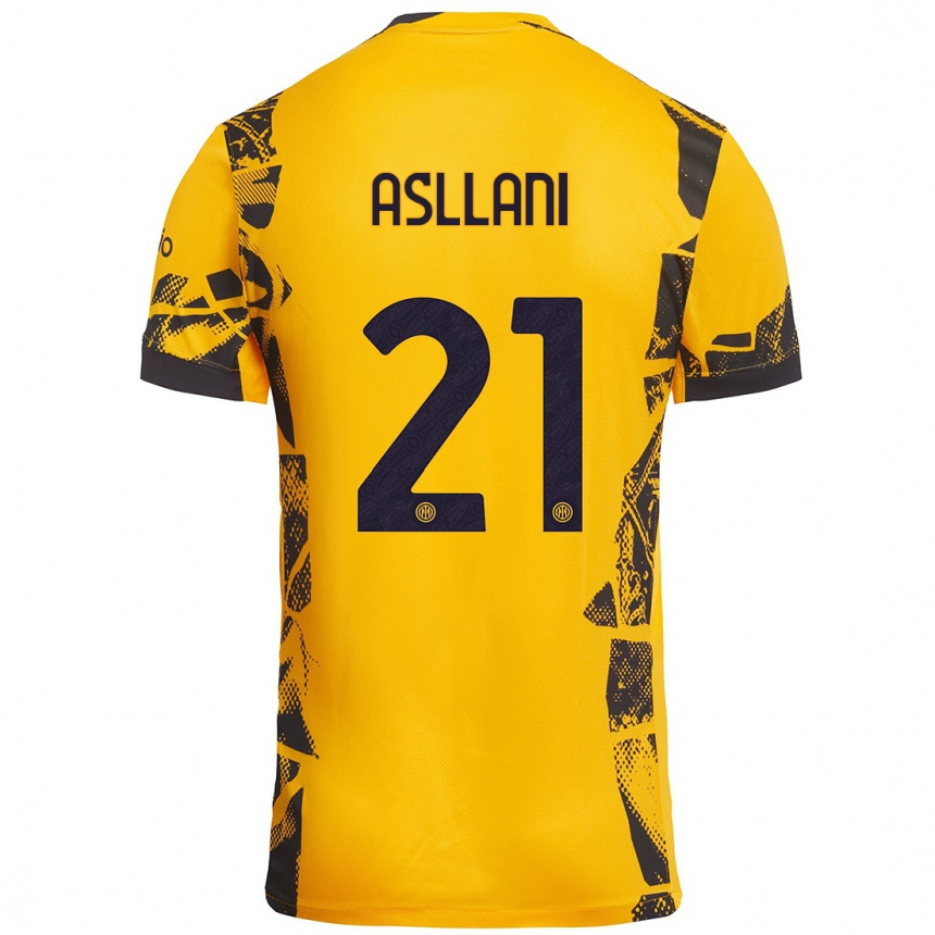 Kids Football Kristjan Asllani #21 Gold Black Third Jersey 2024/25 T-Shirt Nz