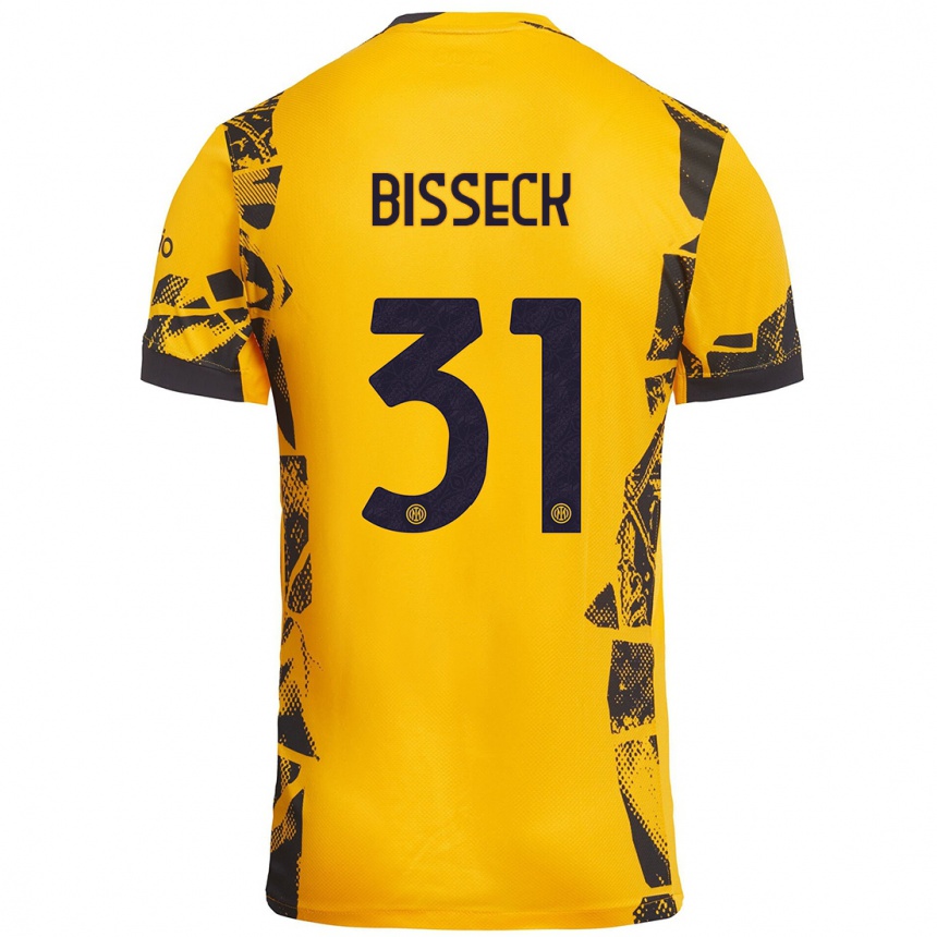 Kids Football Yann Bisseck #31 Gold Black Third Jersey 2024/25 T-Shirt Nz