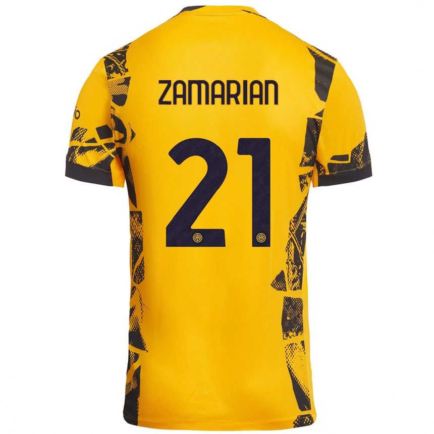 Kids Football Matteo Zamarian #21 Gold Black Third Jersey 2024/25 T-Shirt Nz