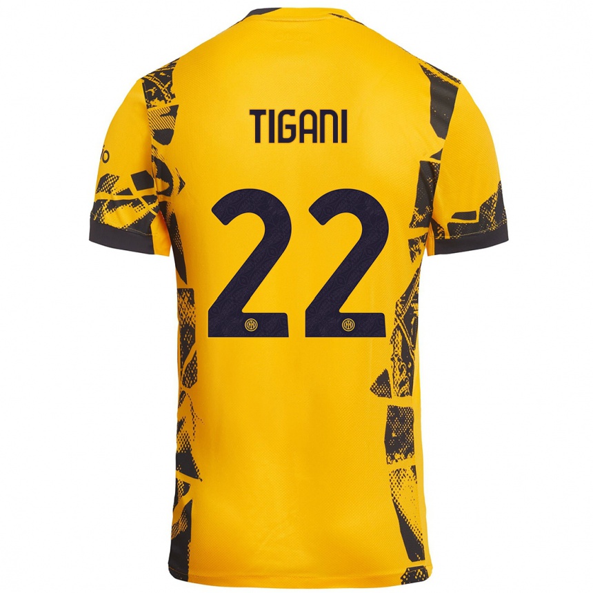 Kids Football Edoardo Tigani #22 Gold Black Third Jersey 2024/25 T-Shirt Nz