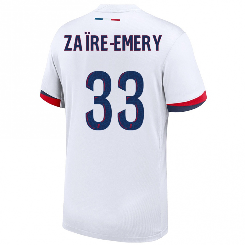 Men Football Warren Zaire Emery #33 White Blue Red Away Jersey 2024/25 T-Shirt Nz