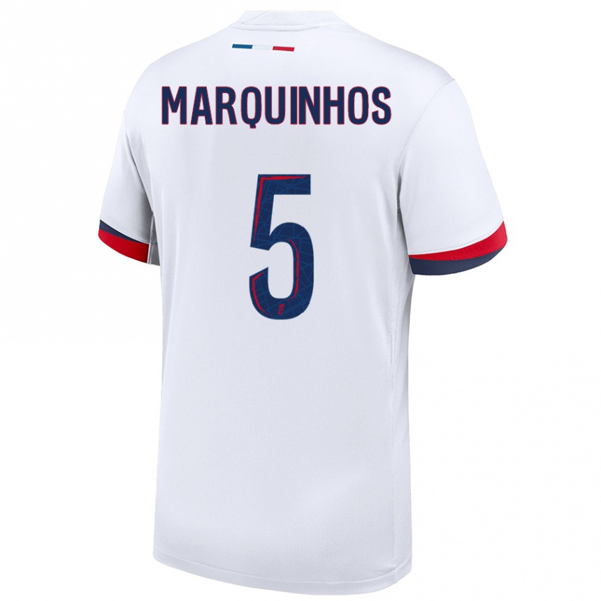 Women Football Marquinhos #5 White Blue Red Away Jersey 2024/25 T-Shirt Nz