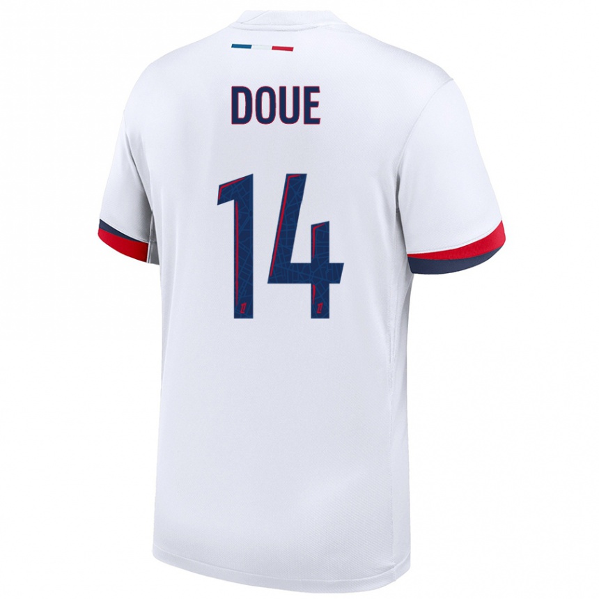 Women Football Désiré Doué #14 White Blue Red Away Jersey 2024/25 T-Shirt Nz