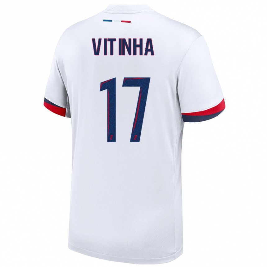 Women Football Vitinha #17 White Blue Red Away Jersey 2024/25 T-Shirt Nz