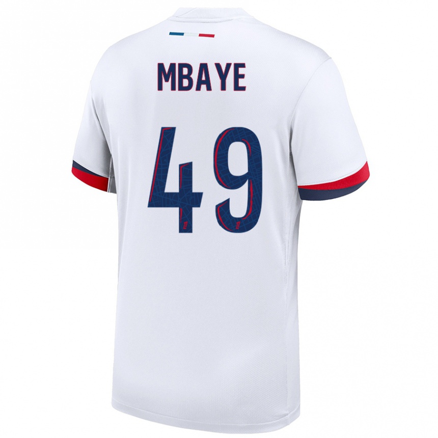 Women Football Ibrahim Mbaye #49 White Blue Red Away Jersey 2024/25 T-Shirt Nz