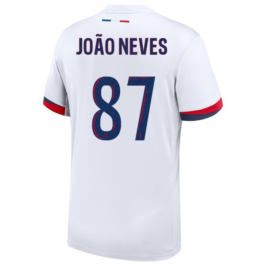 Women Football João Neves #87 White Blue Red Away Jersey 2024/25 T-Shirt Nz