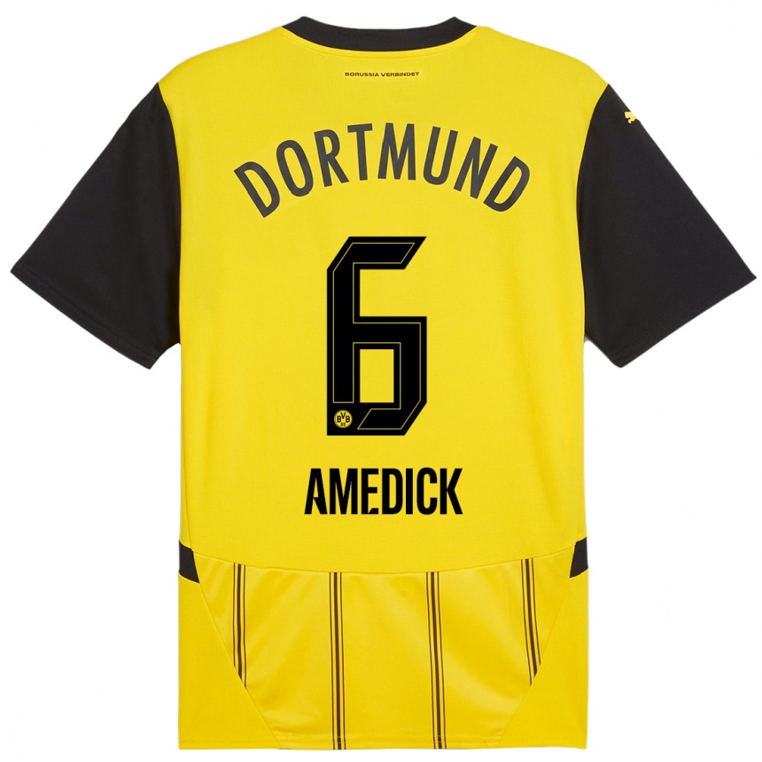 Kids Football Maik Amedick #6 Yellow Black Home Jersey 2024/25 T-Shirt Nz