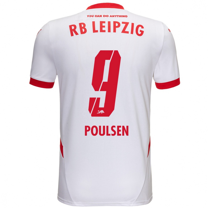 Kids Football Yussuf Poulsen #9 White Red Home Jersey 2024/25 T-Shirt Nz