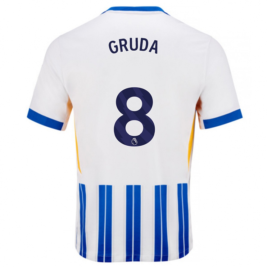 Kids Football Brajan Gruda #8 White Blue Pinstripes Home Jersey 2024/25 T-Shirt Nz