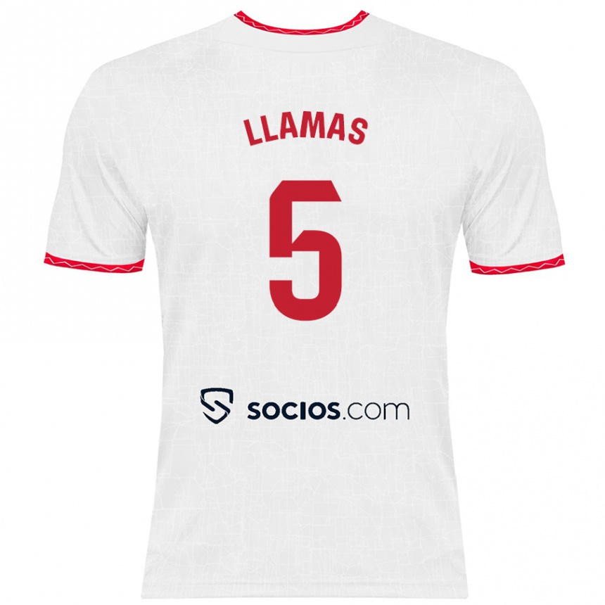 Kids Football Eva Llamas Hernández #5 White Red Home Jersey 2024/25 T-Shirt Nz