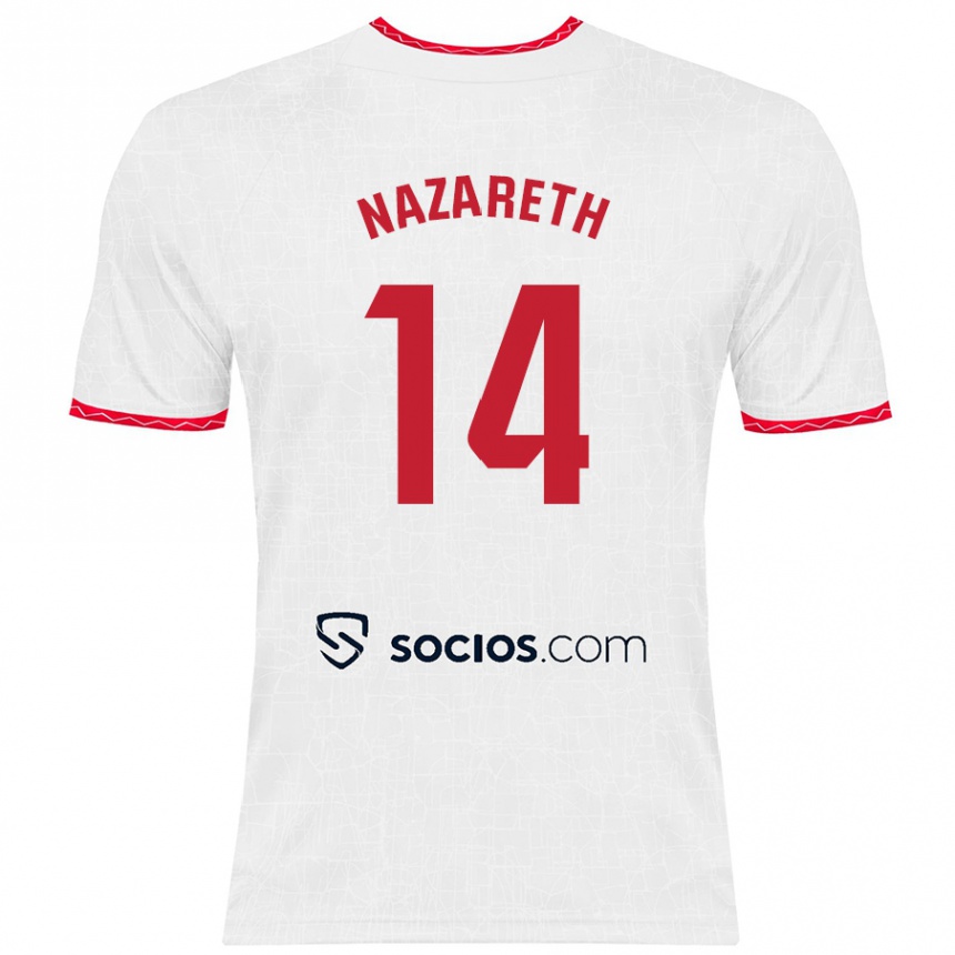 Kids Football Nazaret Martín #14 White Red Home Jersey 2024/25 T-Shirt Nz