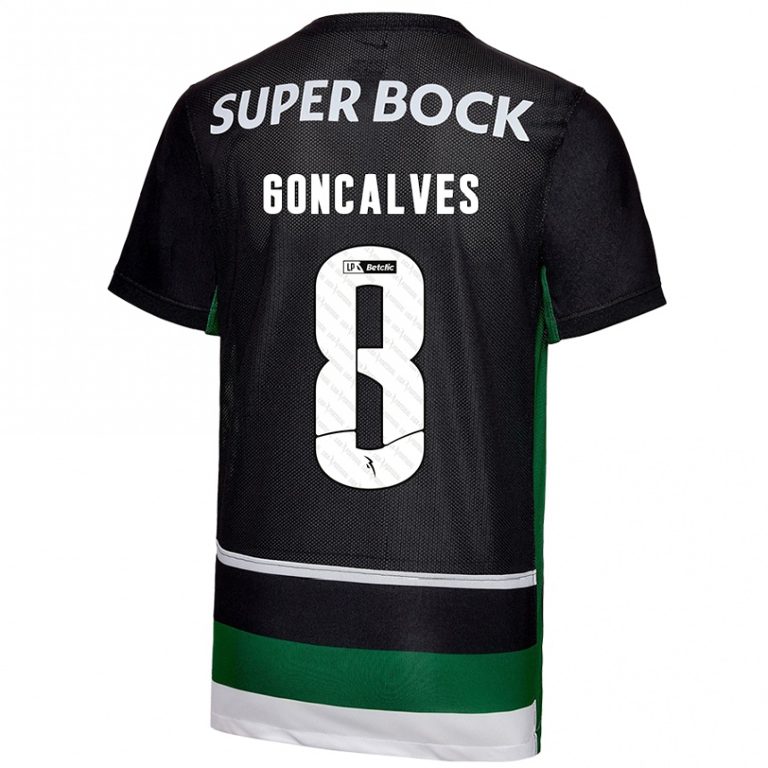 Kids Football Pedro Gonçalves #8 Black White Green Home Jersey 2024/25 T-Shirt Nz