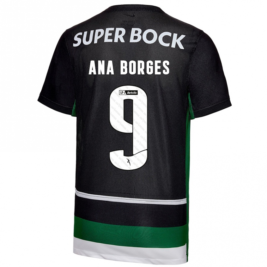 Kids Football Ana Catarina Marques Borges #9 Black White Green Home Jersey 2024/25 T-Shirt Nz