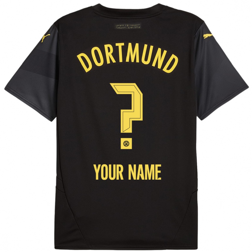 Kids Football Your Name #0 Black Yellow Away Jersey 2024/25 T-Shirt Nz