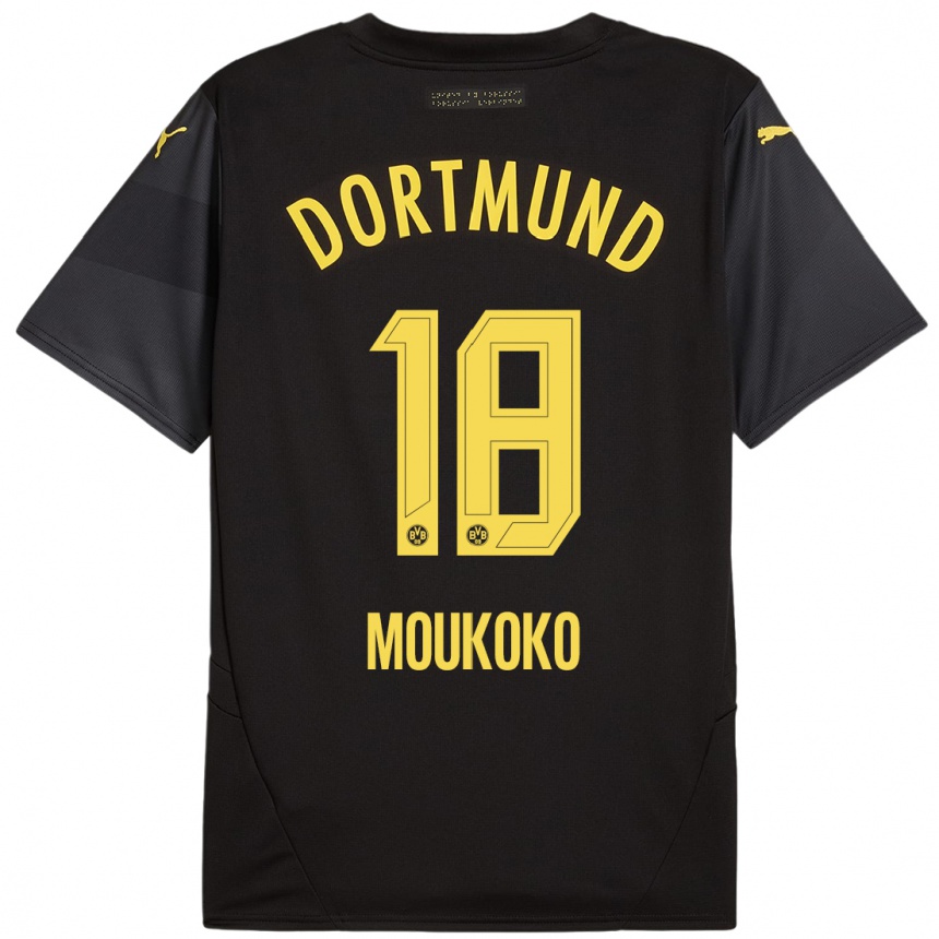 Kids Football Youssoufa Moukoko #18 Black Yellow Away Jersey 2024/25 T-Shirt Nz