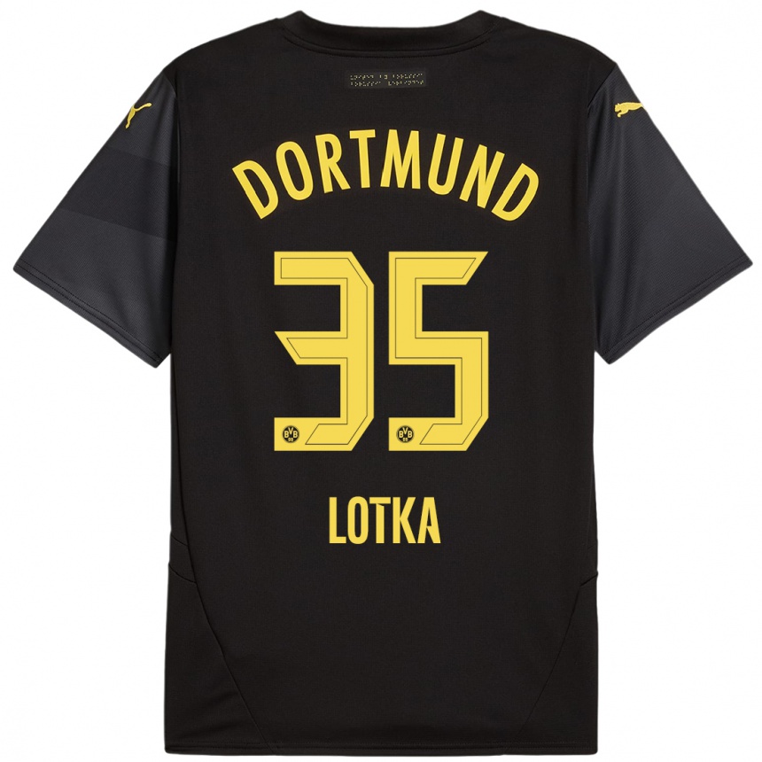 Kids Football Marcel Lotka #35 Black Yellow Away Jersey 2024/25 T-Shirt Nz