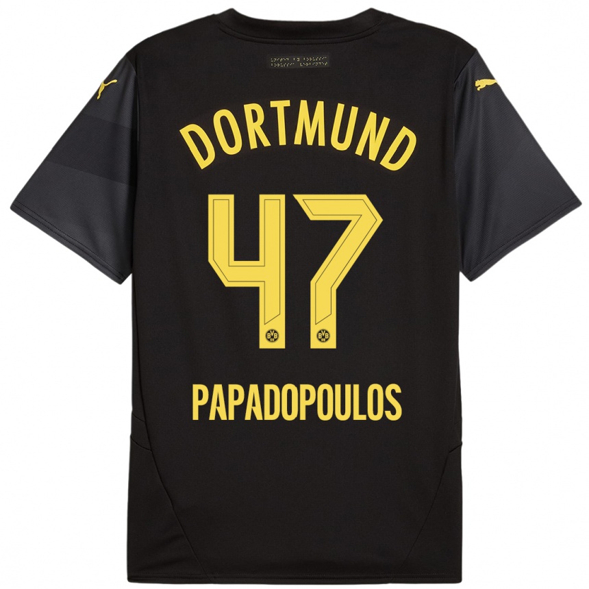 Kids Football Antonios Papadopoulos #47 Black Yellow Away Jersey 2024/25 T-Shirt Nz