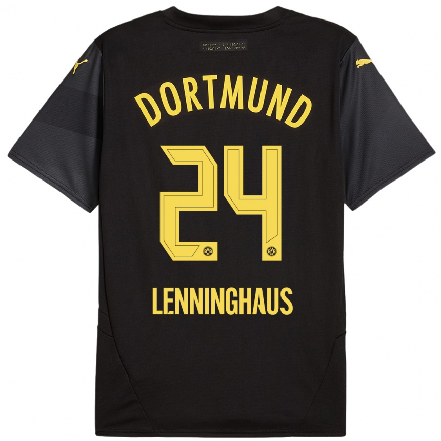 Kids Football Mika Lenninghaus #24 Black Yellow Away Jersey 2024/25 T-Shirt Nz