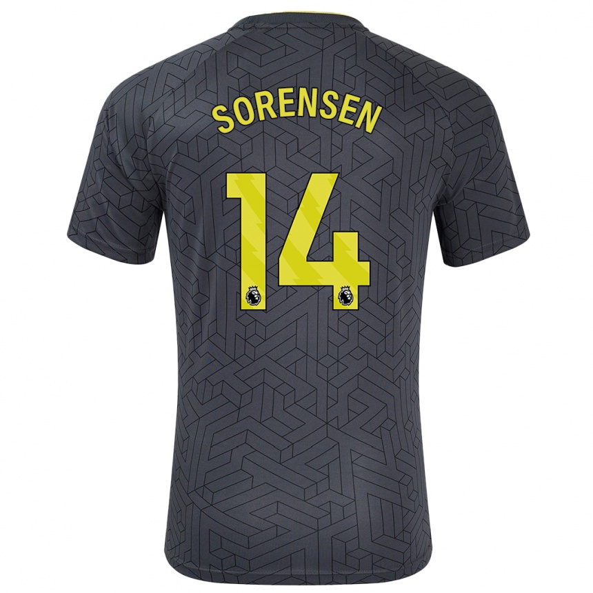 Kids Football Nicoline Sorensen #14 Black Yellow Away Jersey 2024/25 T-Shirt Nz