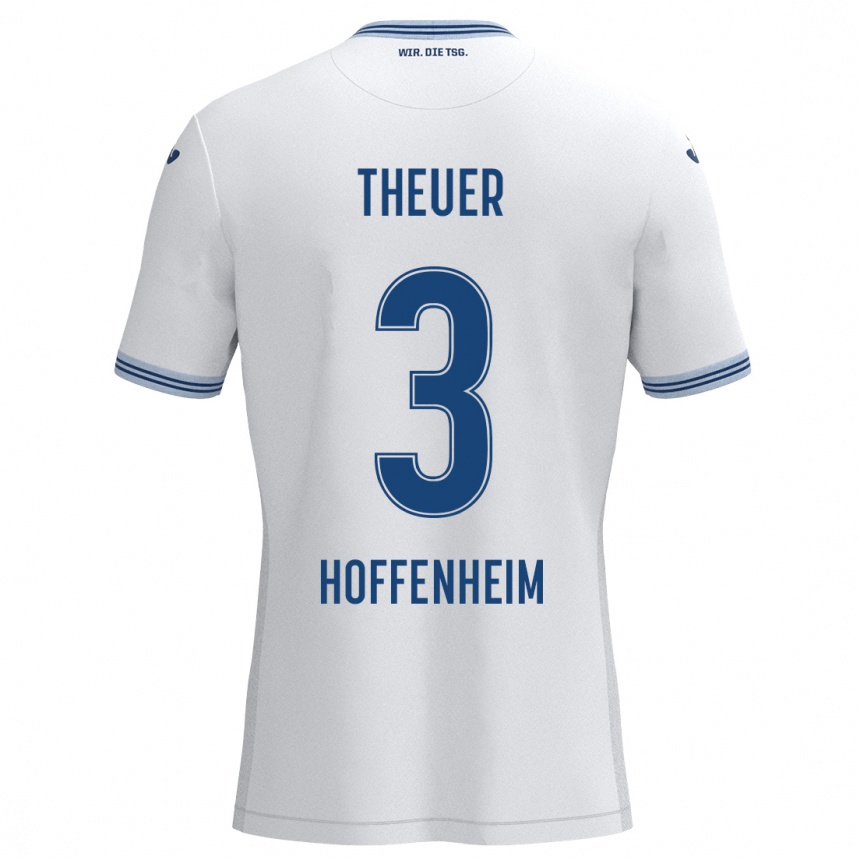 Kids Football Maximilian Theuer #3 White Blue Away Jersey 2024/25 T-Shirt Nz