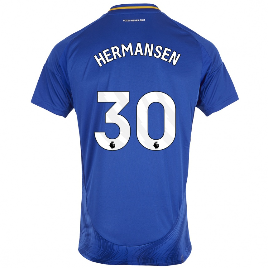 Men Football Mads Hermansen #30 Blue White Home Jersey 2024/25 T-Shirt Nz